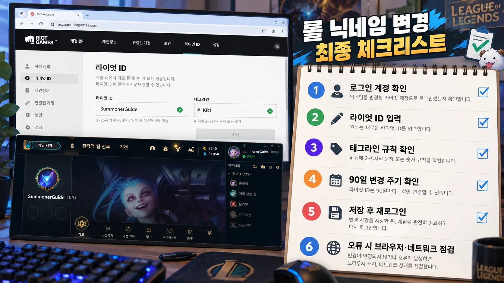 롤 닉네임 변경 전 라이엇 ID 로그인 계정 태그라인 변경 주기 저장 오류 최종 확인표