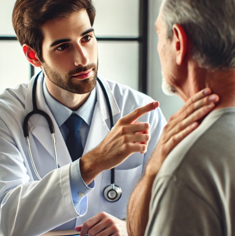 RFA 시술에 대해 환자에게 설명하고 있는 의사