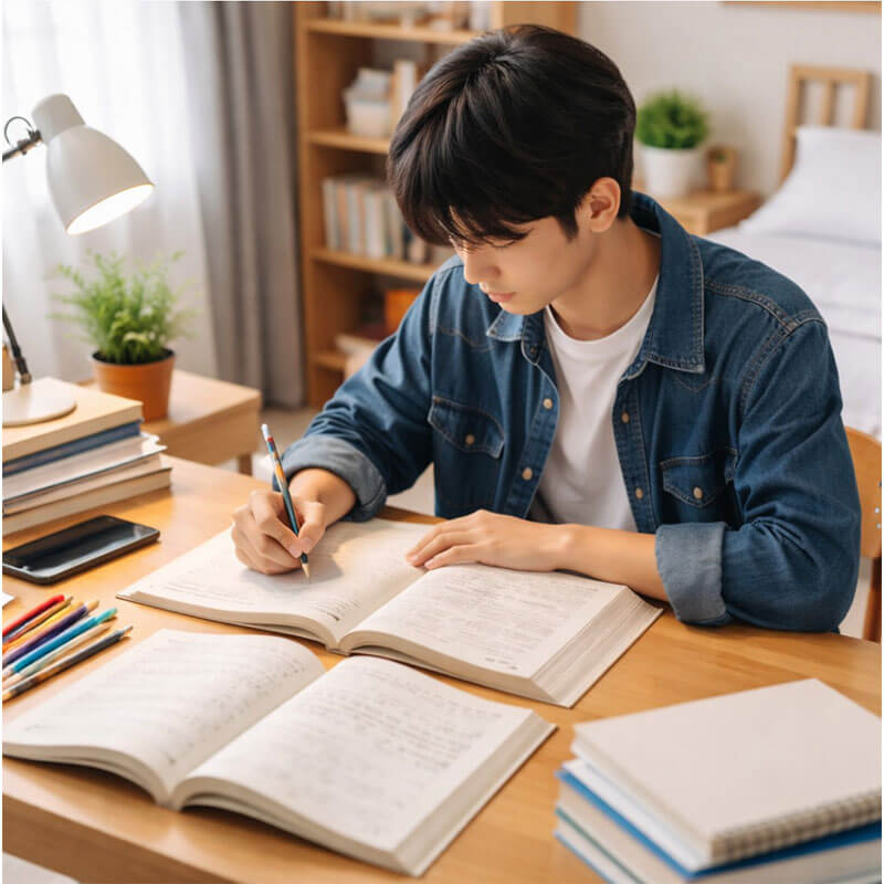 집 책상에서 노트와 문제집을 펼쳐 놓고 혼자 집중해서 공부하는 고등학생의 독학 장면