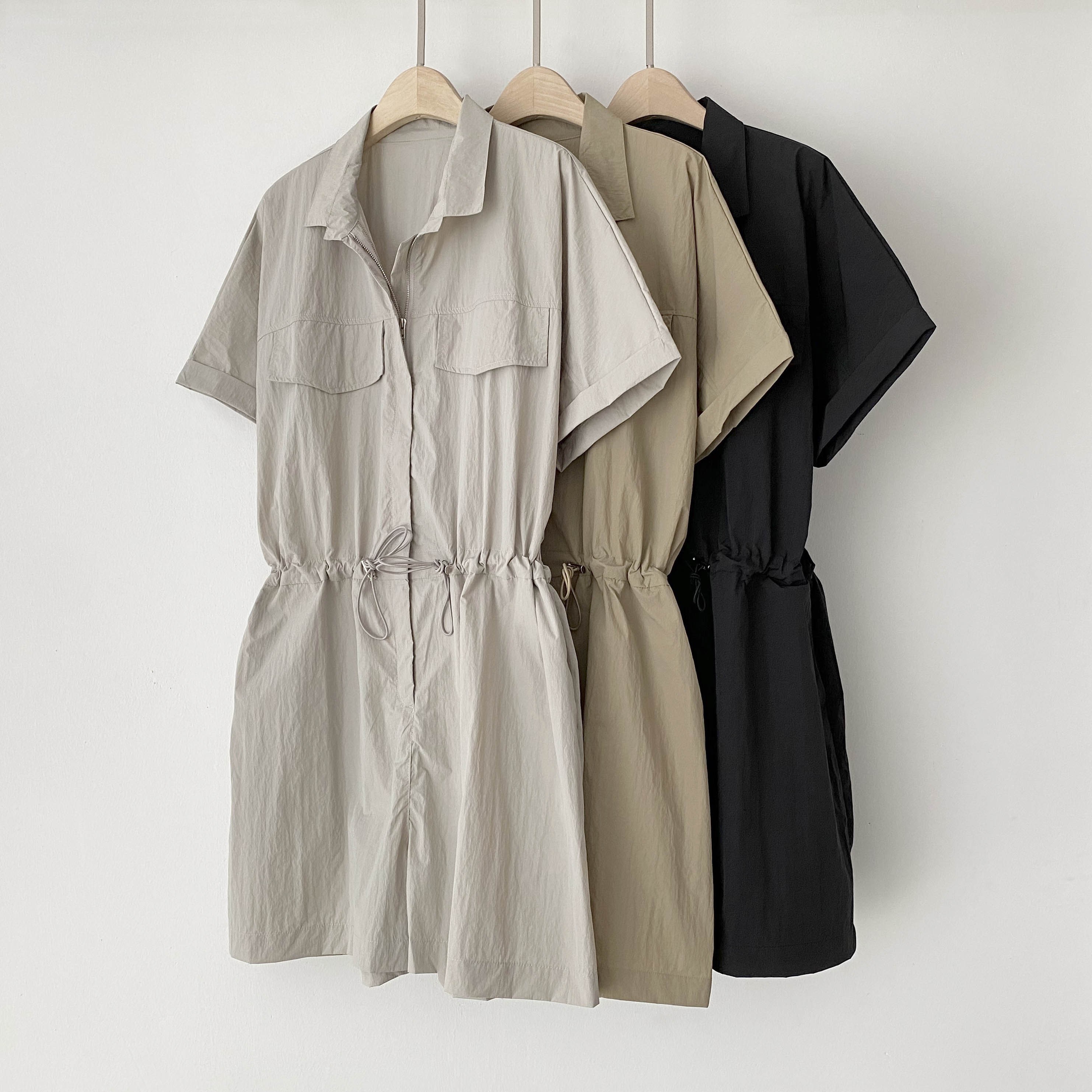 메일리 오버핏 집업 점프수트 여름 나일론 허리스트링 여성 여자 바캉스룩 반팔 반바지 셋업 애쉬