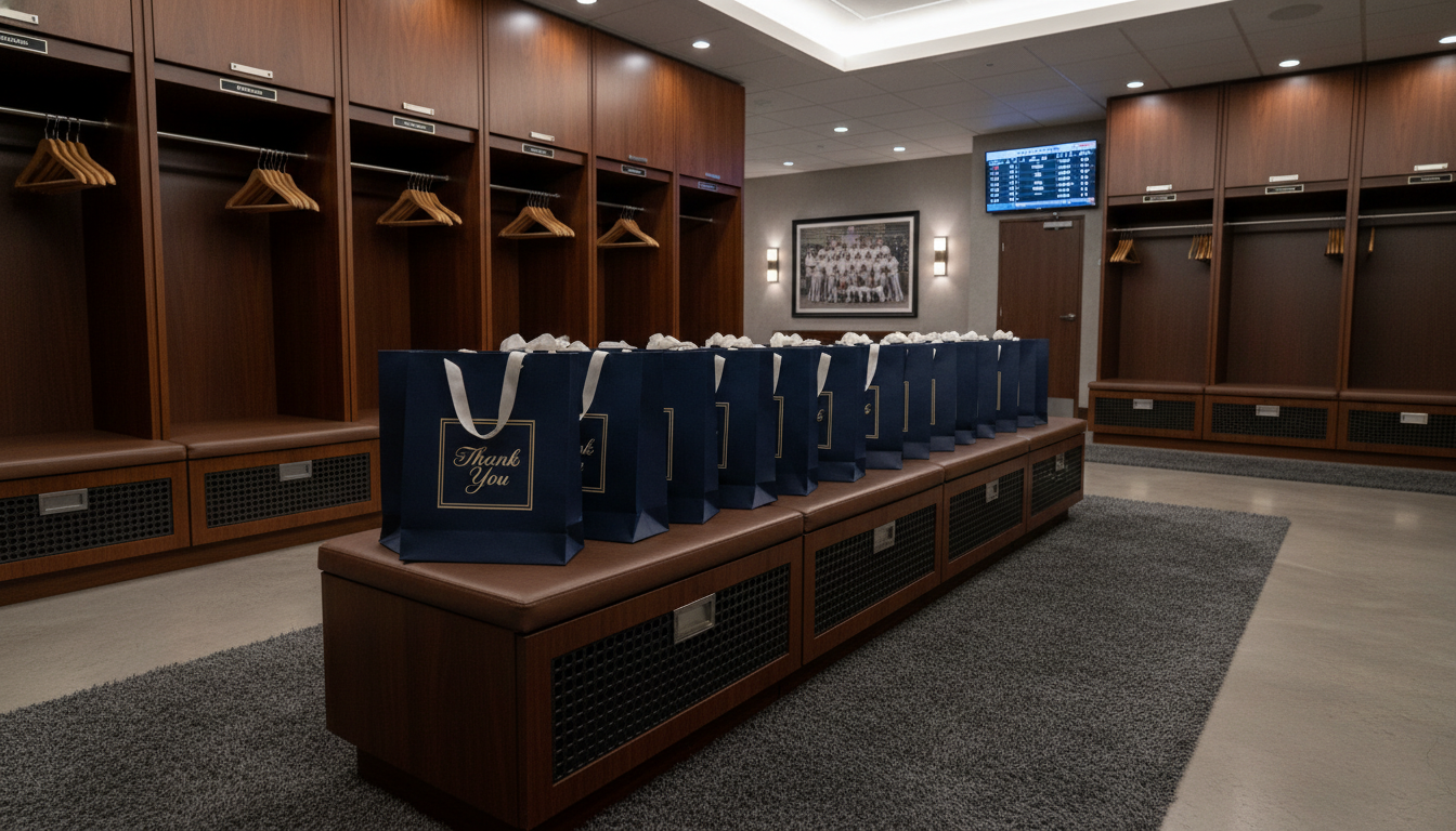 야구단 라커룸 벤치에 가지런히 놓여 있는 오타니의 명품 선물 쇼핑백들