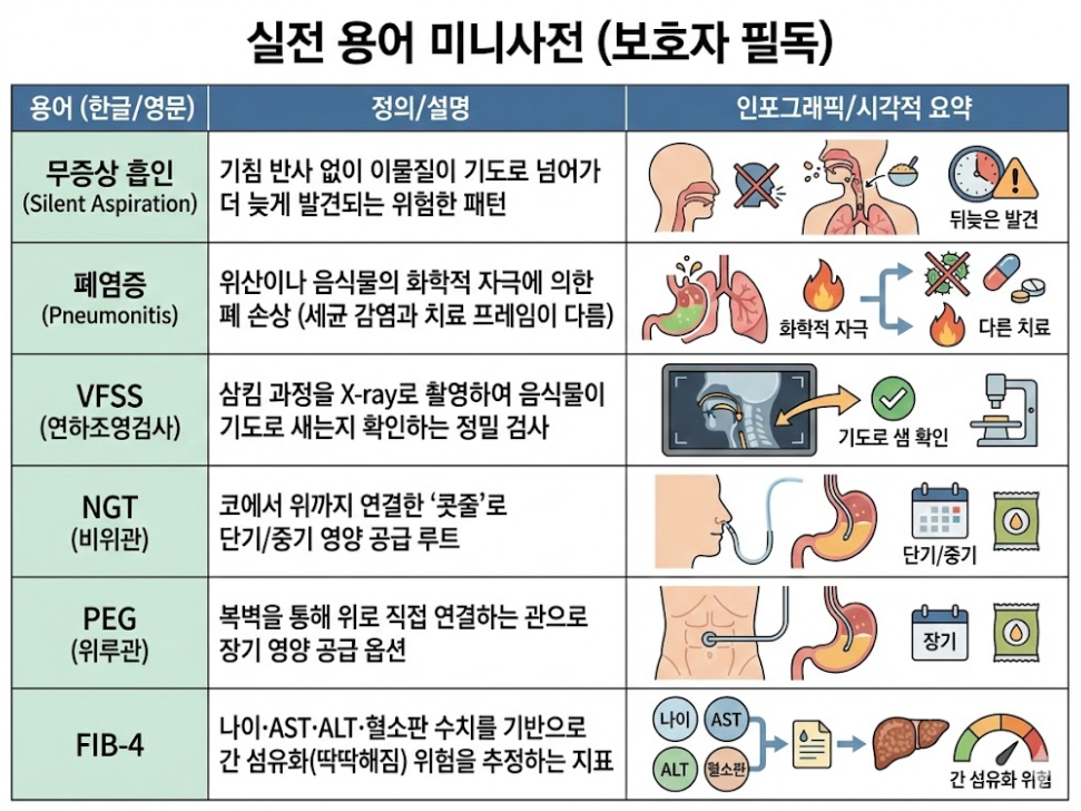 보호자 필독 실전 용어 사전. 무증상 흡입, 폐염증, VFSS(연하조영검사), NGT(비위관), PEG(위루관), FIB-4 간 섬유화 지표의 정의와 시각적 요약 표