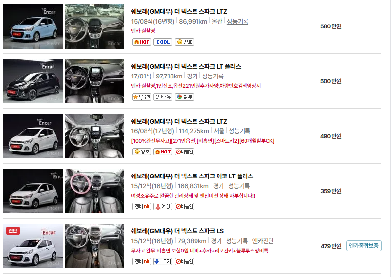 쉐보레 스파크 중고차 가격 시세표 유지비