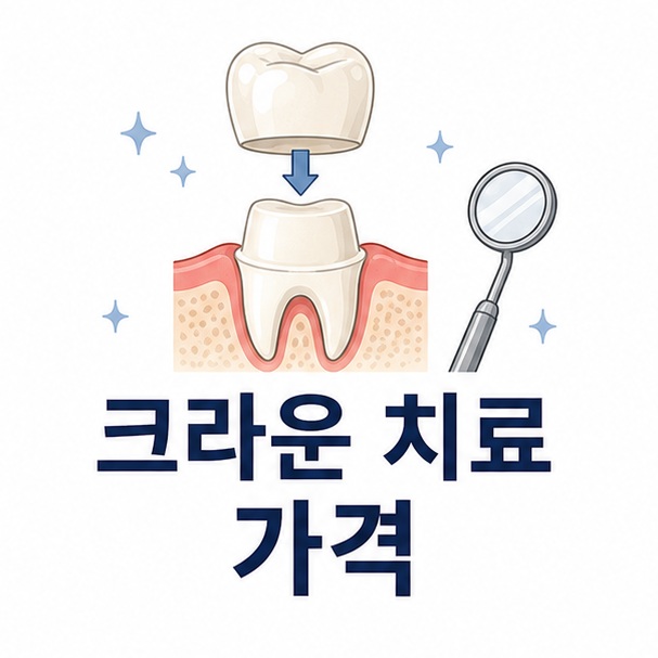 치아에 크라운 보철을 씌우는 모습과 치과 거울을 함께 배치해 크라운 치료 가격을 설명하는 대표 이미지
