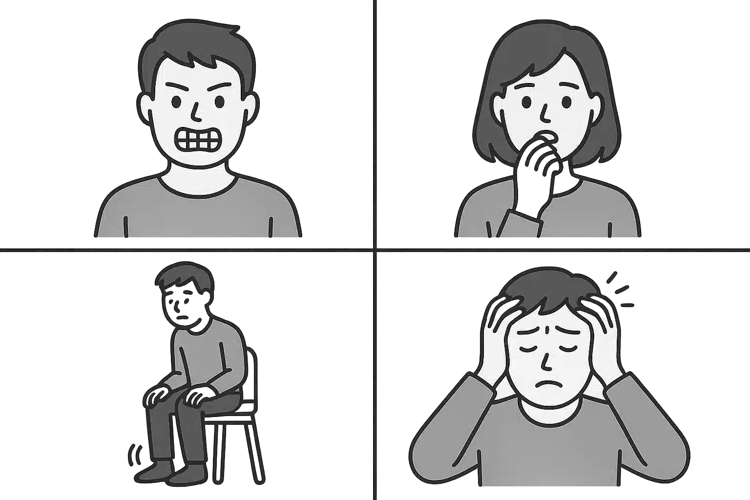 이갈이, 손톱 물어뜯기, 다리 떨기, 잠 부족으로 피곤한 얼굴