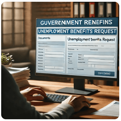 고용안정센터에서 실업급여 관련 도움을 요청하는 사람, 센터에서 서류를 제출하는 장면