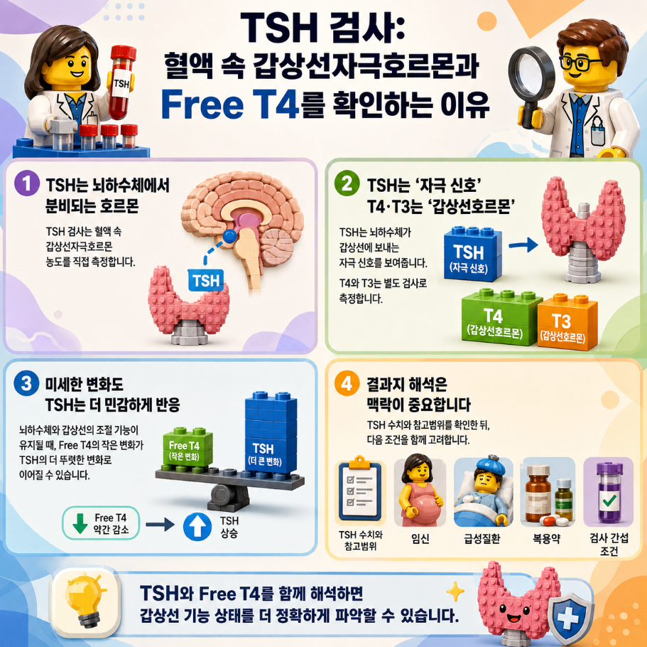 TSH 검사에서 혈액 속 갑상선자극호르몬(TSH)과 Free T4의 관계를 설명하는 레고 스타일 메디컬 인포그래픽