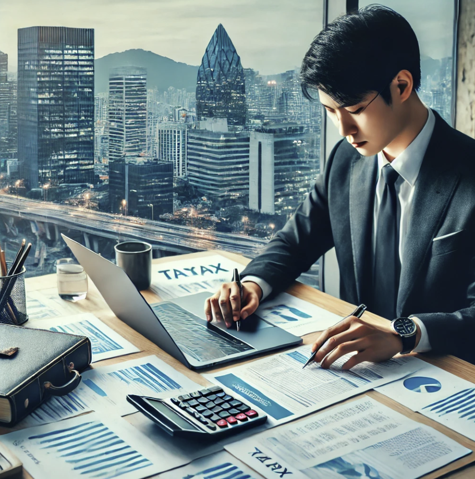세무 컨설터트가 기업 세금 서류를 검토하는 모습