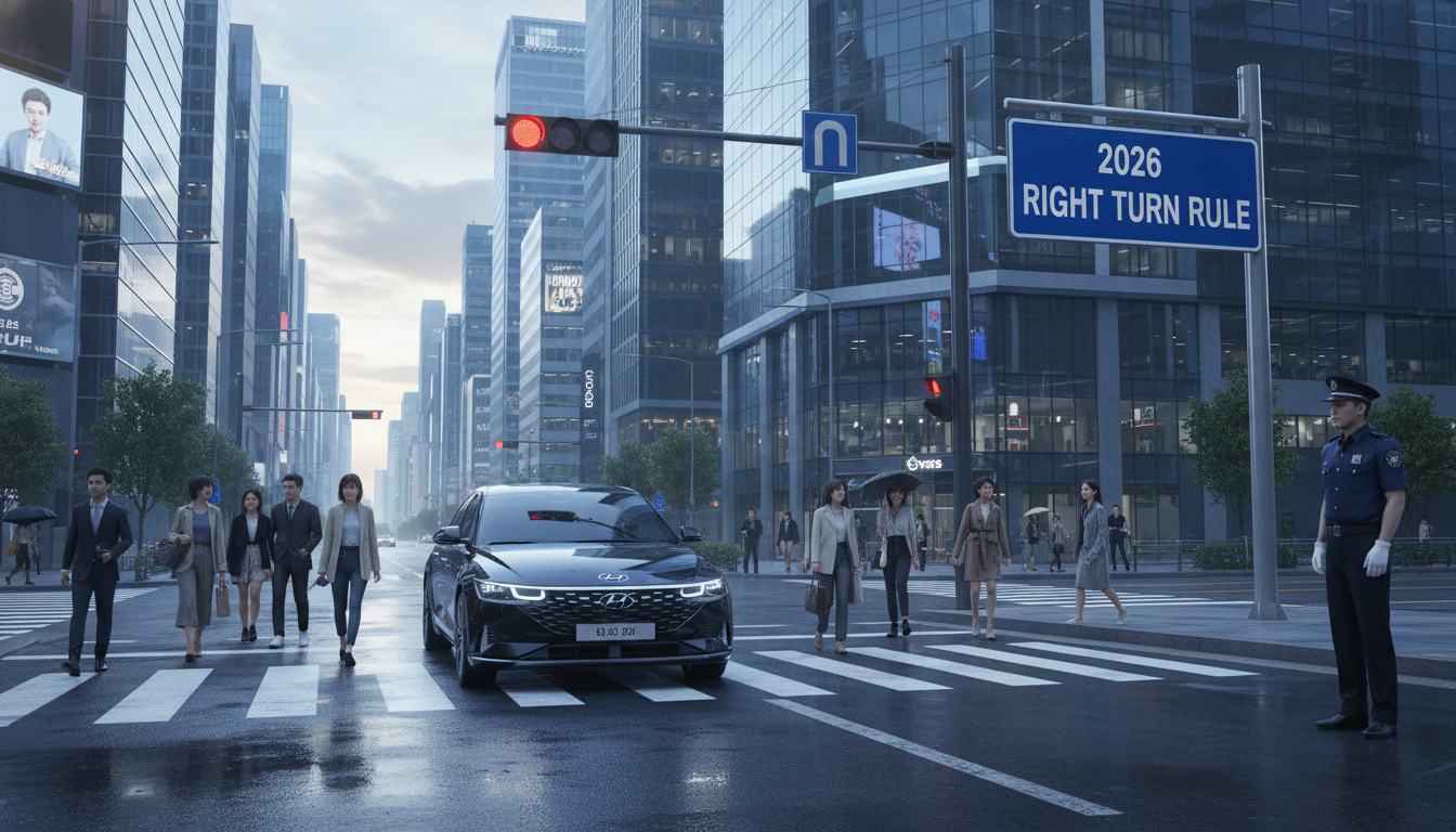 2026년 우회전 일시정지 규정을 지키며 교차로 횡단보도 앞에 정지한 차량과 단속 경찰관의 모습