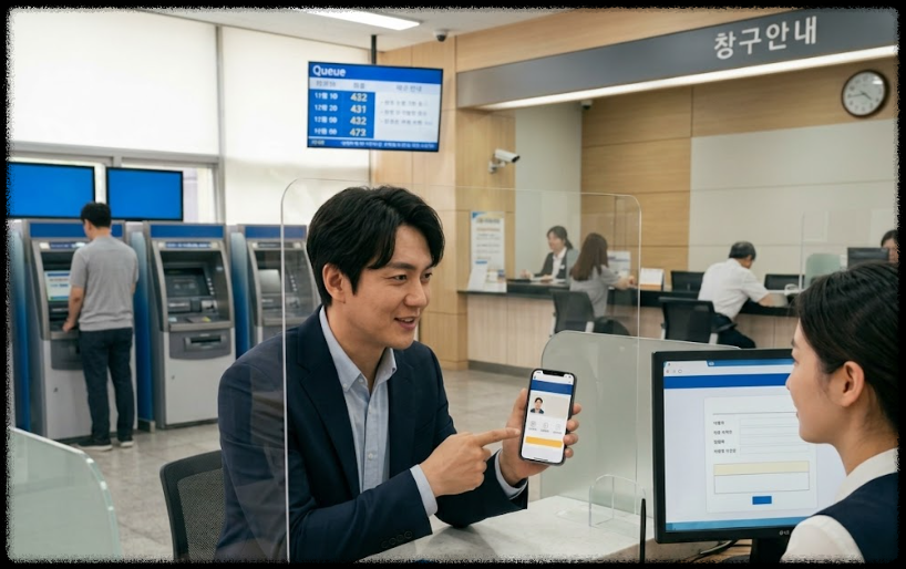 모바일 운전면허증으로 은행에서 신분 확인을 하는 모습