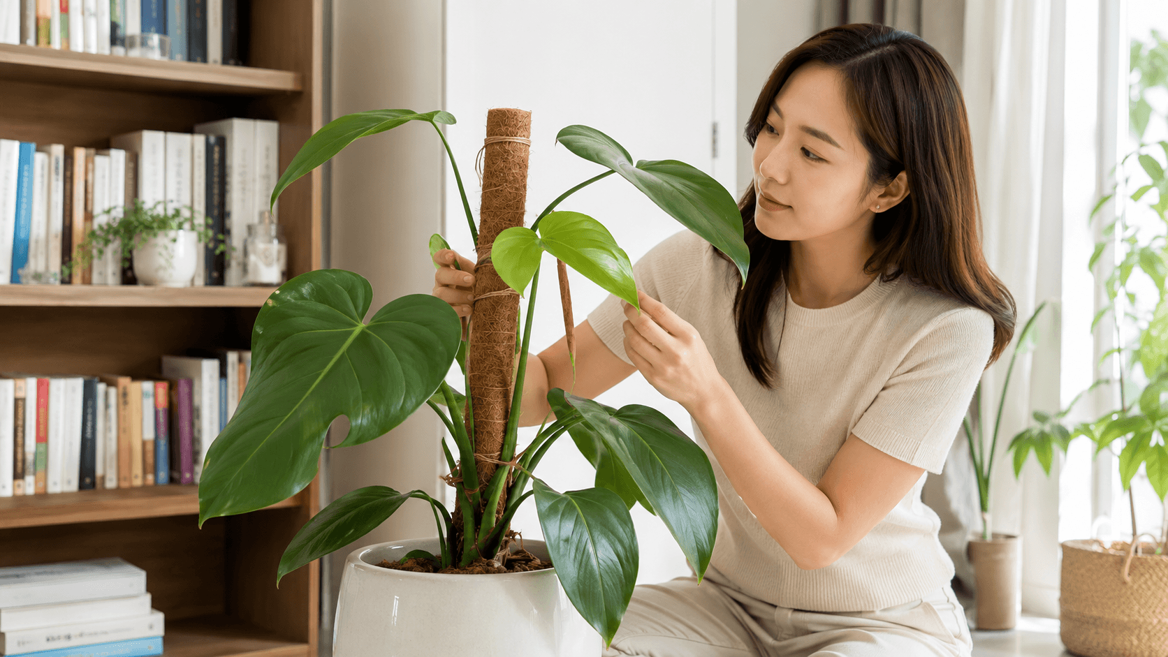 필로덴드론 새잎 작음 확인 기준을 설명하는 한국 가정의 실내 식물 관리 장면