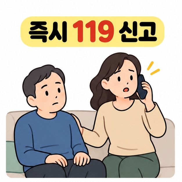 여성이 소파에 앉은 남성 곁에서 스마트폰으로 119 신고 통화를 하는 모습