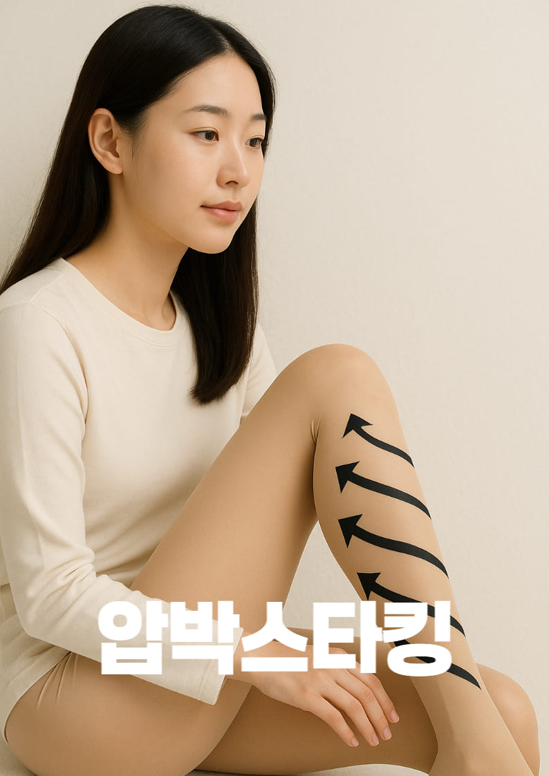연한-아이보리색-상의와-살색-압박스타킹을-착용한-피부가-하얀-한국인-여성이-왼쪽에-단정하게-앉아-있으며-다리에는-블랙-화살표-무늬가-위로-향해-그려져-있고-배경은-밝은-아이보리톤의-텍스처가-있는-실내-벽이며-전체적으로-부드러운-조명과-정갈한-분위기의-사진