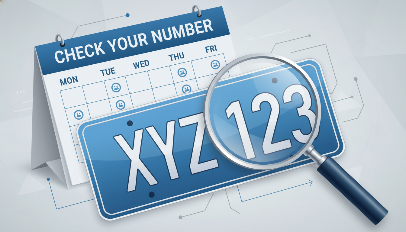 자동차 번호판의 마지막 자리 숫자를 돋보기로 확인하는 모습과 요일 달력을 보여주는 일러스트