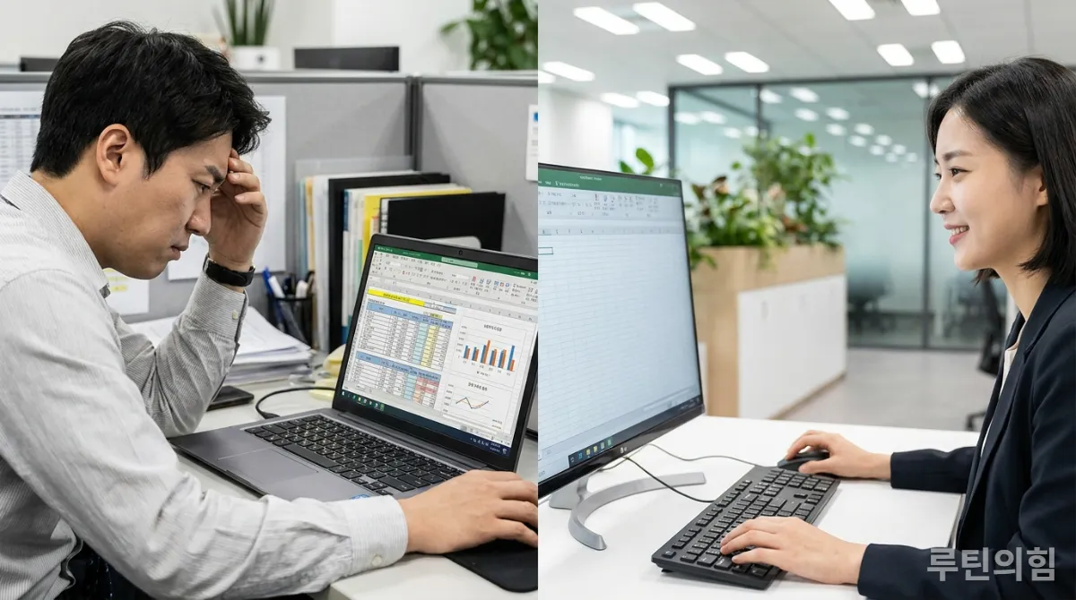 컴활 1급의 복잡한 엑셀 화면과 컴활 2급의 실용적인 엑셀 화면을 비교하는 이미지