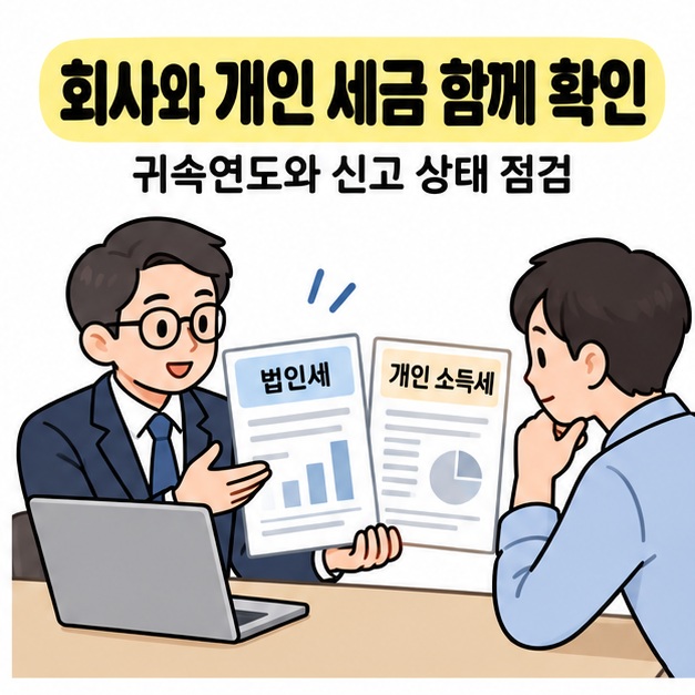 상담자가 법인세와 개인 소득세 자료를 함께 보여주며 귀속연도와 신고 상태를 점검하는 모습