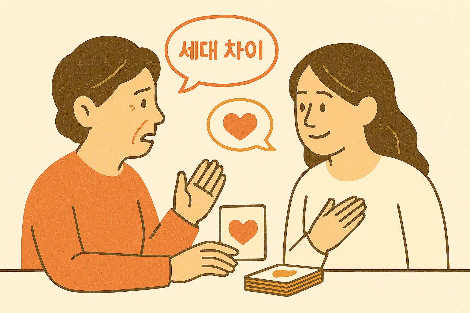 세대 간의 마음을 잇는 따뜻한 대화 장면을 은유적으로 표현한 일러스트