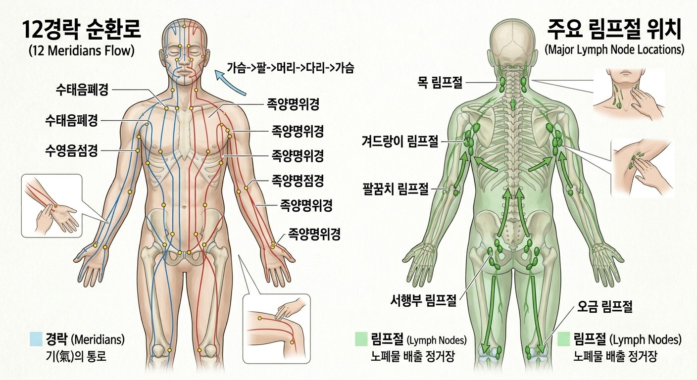 이 이미지는 인체의 전면과 후면을 모두 보여주며, 한의학적인 기혈 순환로인 '경락'과 현대 의학적인 노폐물 배출 경로인 '림프계'의 핵심 위치를 동시에 시각화했습니다.