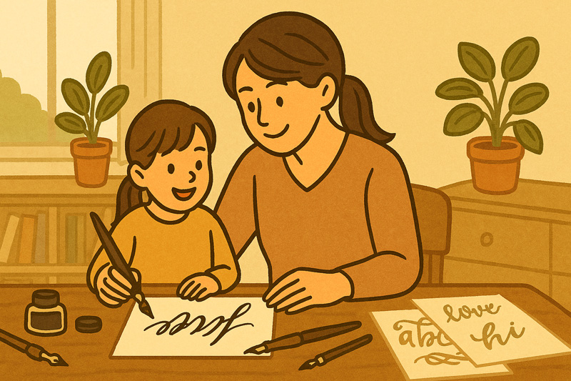 50대 여성이 아이와 함께 캘리그라피를 배우는 모습, 감성적인 손글씨 교육