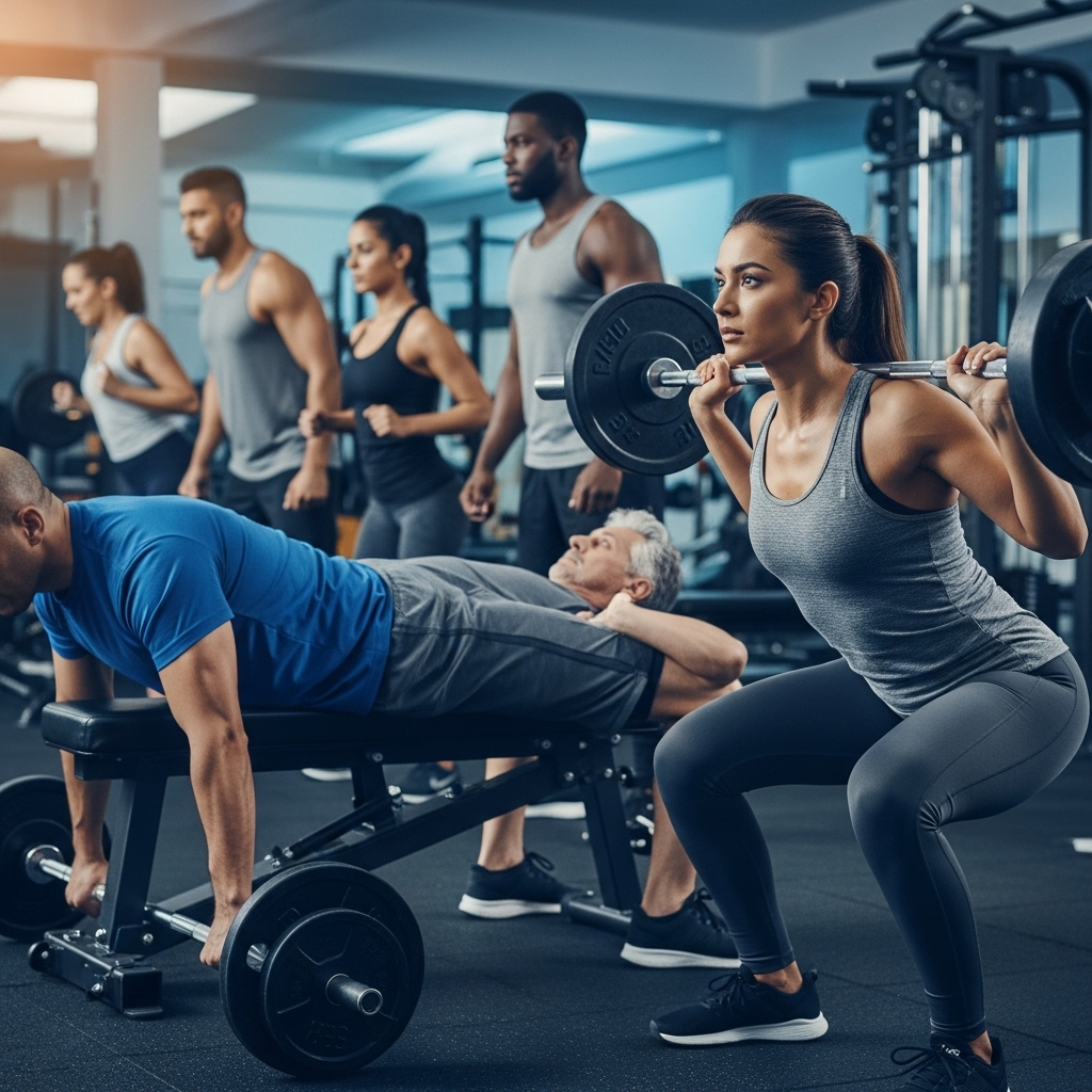 2025년 헬스 초보자를 위한 스쿼트, 벤치프레스, 데드리프트 3대 운동을 정확한 자세로 수행하는 다양한 사람들의 모습