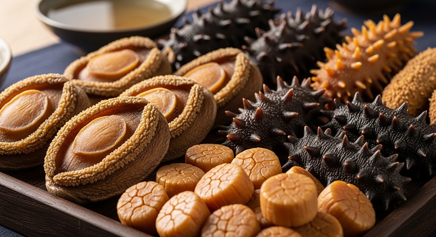 건전복, 건해삼, 건관자 등 발제 과정에 사용되는 고급 건해산물 재료들이 정갈하게 놓여있는 모습.