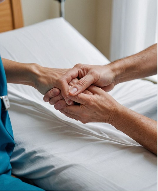 병상에 누운 환자의 손을 따뜻하게 잡고 있는 사회복지사의 모습