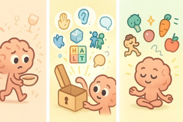 음주 유혹을 조용히 피하는 캐릭터와 운동·명상·건강한 식사를 실천하는 장면을 대비시킨 팀 버튼풍 일러스트, 회피와 자기관리 흐름을 은유적으로 표현