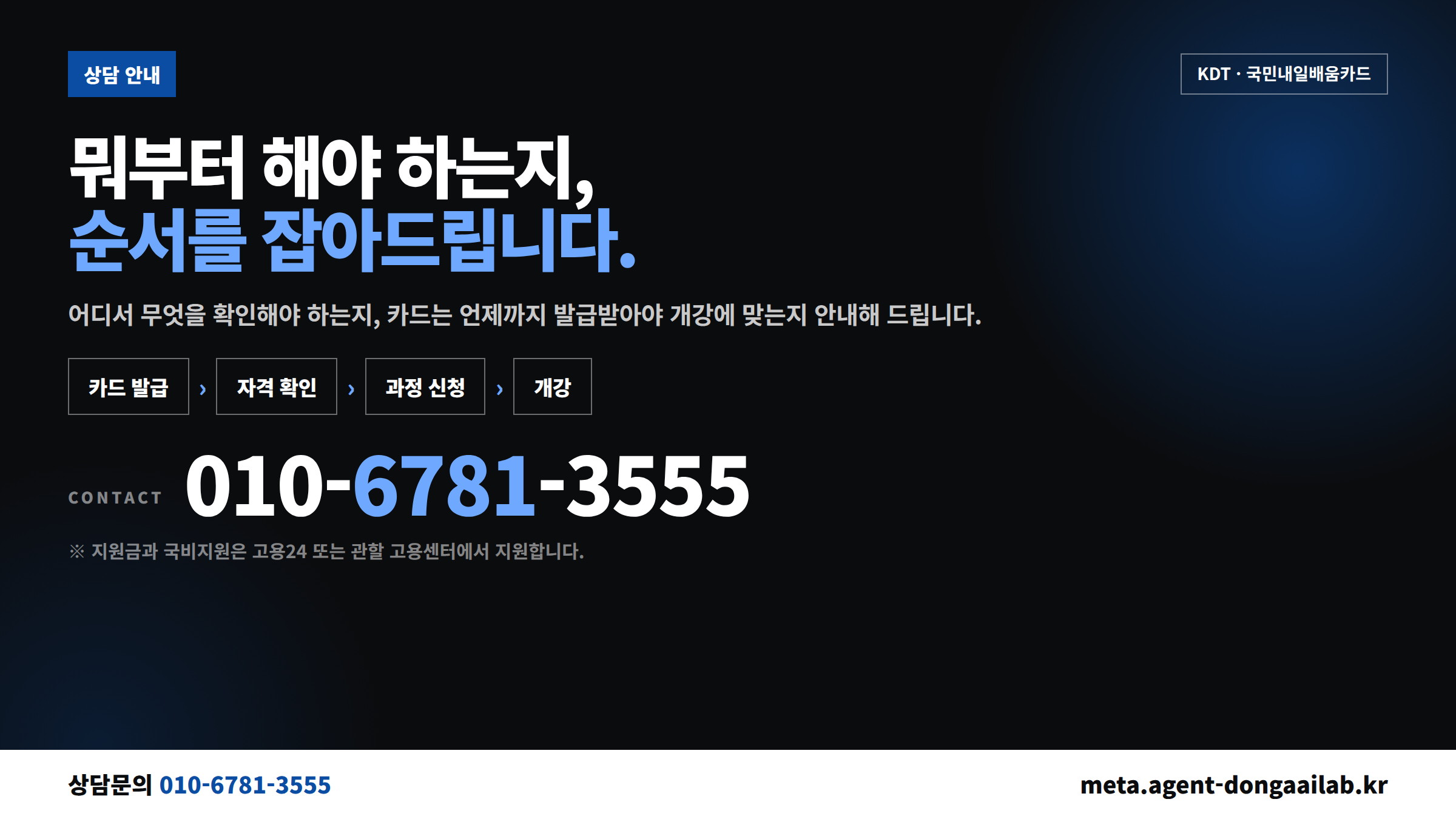 KDT 국비지원 AI 과정 상담 안내 - 카드 발급부터 개강까지 순서 안내, 010-6781-3555