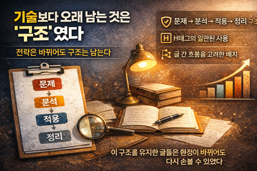 문제·분석·적용·정리 구조로 구성된 블로그 콘텐츠 구조를 설명하는 이미지