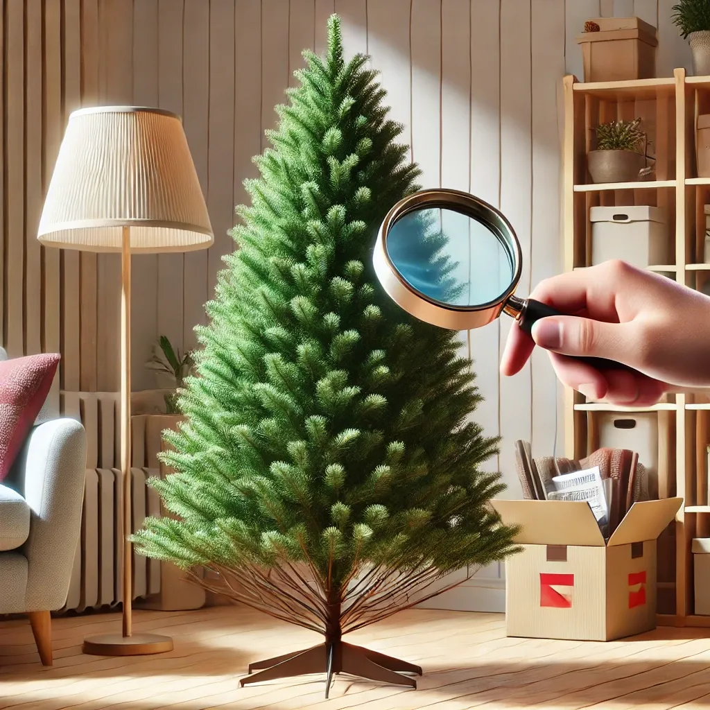 보관 전 PE 인조 크리스마스 트리를 점검하며 손상 여부를 확인하는 모습