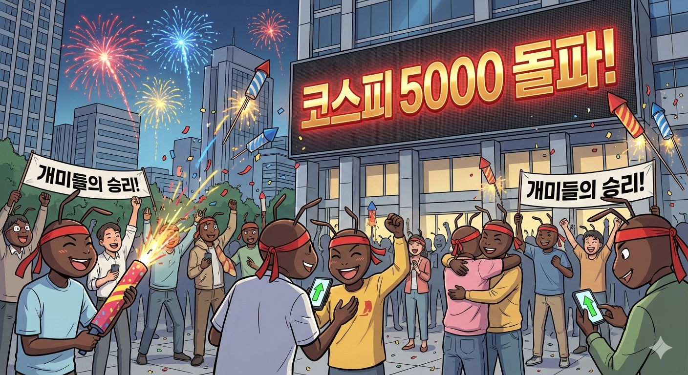 코스피 5000 돌파 축포 드는 개미투자자들 ai 이미지