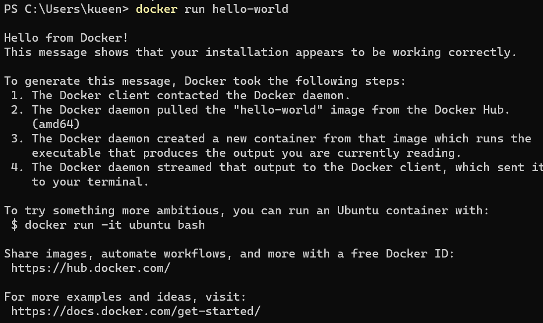 축하합니다. docker 설치에 성공하셨습니다!