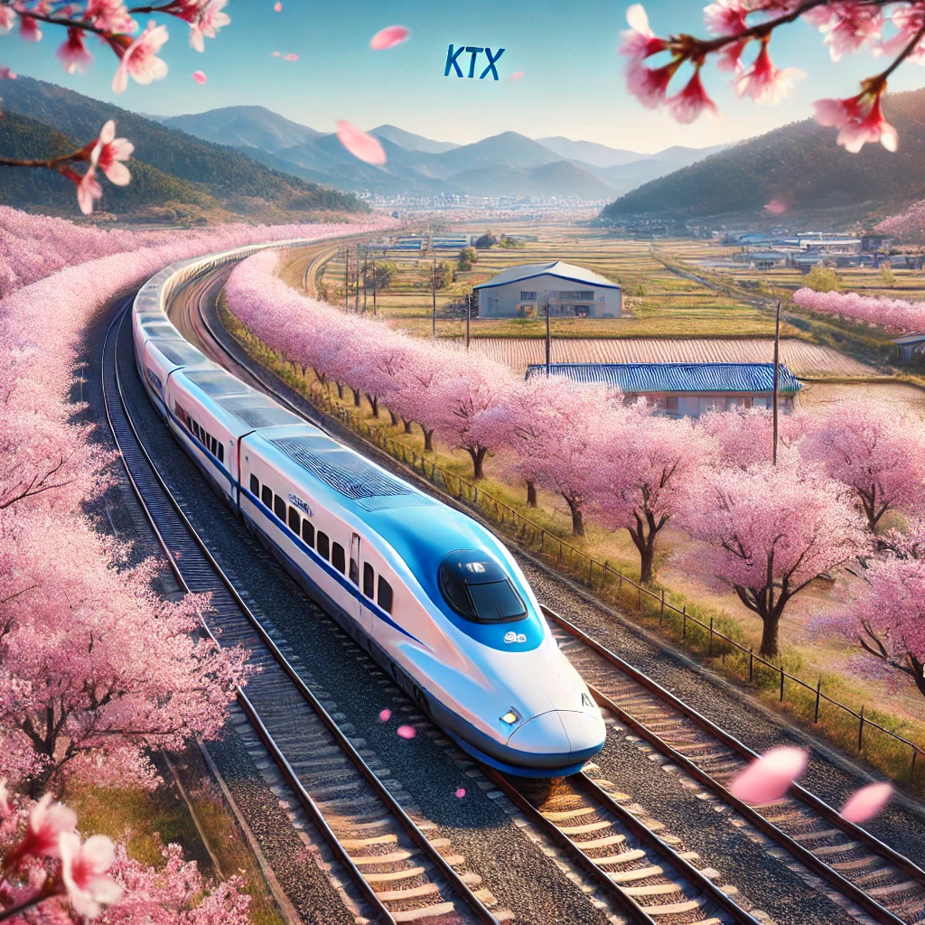 코레일 KTX 기차가 벚꽃 터널을 지나가는 아름다운 봄 풍경을 담은 그림