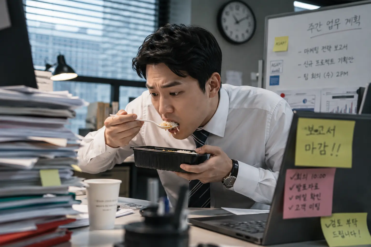 직장인이 바쁘게 점심을 먹는 모습, 빠른 식사 습관