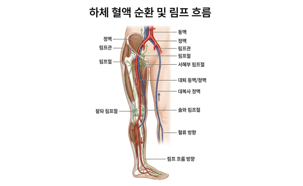 하체 혈액순환과 림프 흐름을 보여주는 다리 단면 일러스트