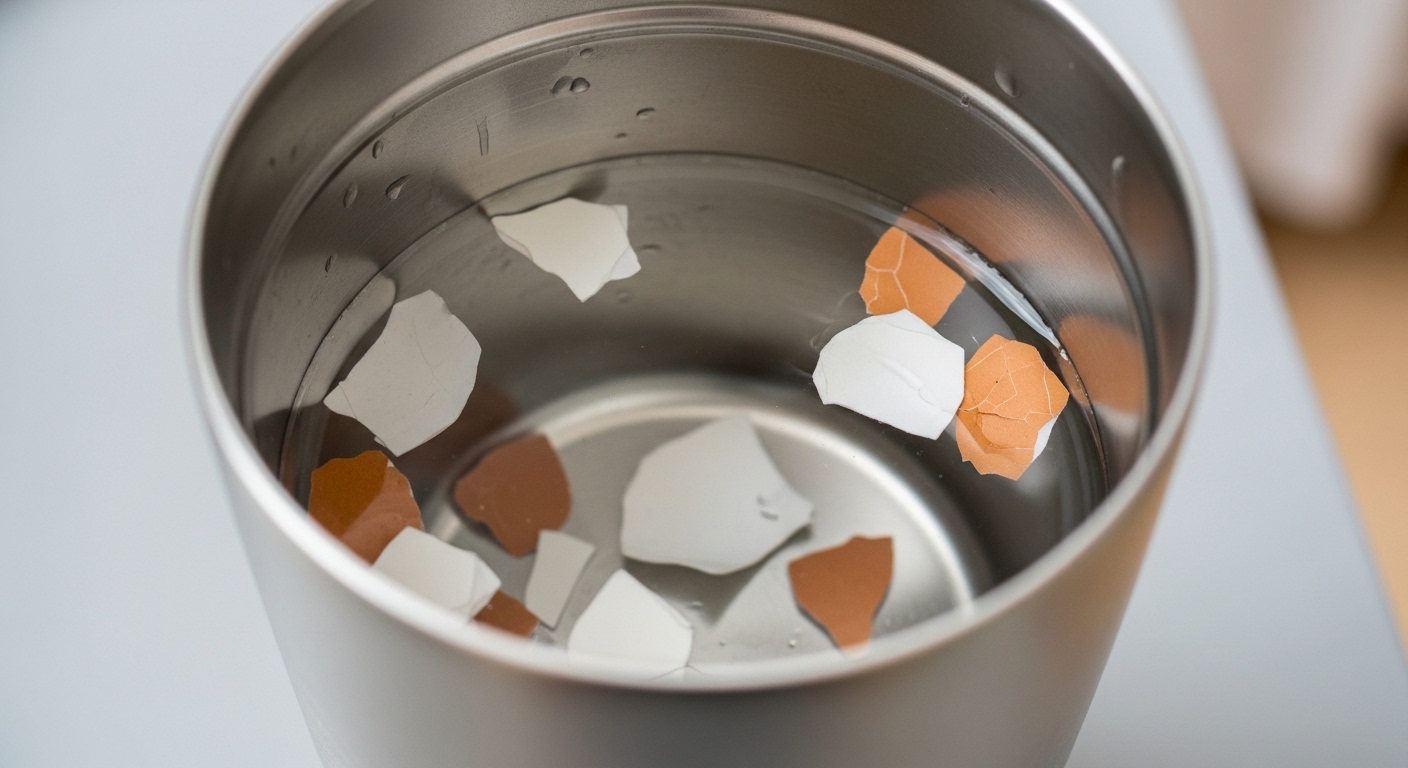 버려지는 달걀 껍데기를 천연 연마제로 활용해 텀블러 찌든 때를 세척하는 모습