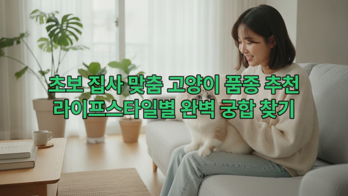 초보 집사가 행복하게 고양이를 안고 있는 모습, 다양한 품종의 특징을 가진 고양이와 편안한 분위기의 거실.