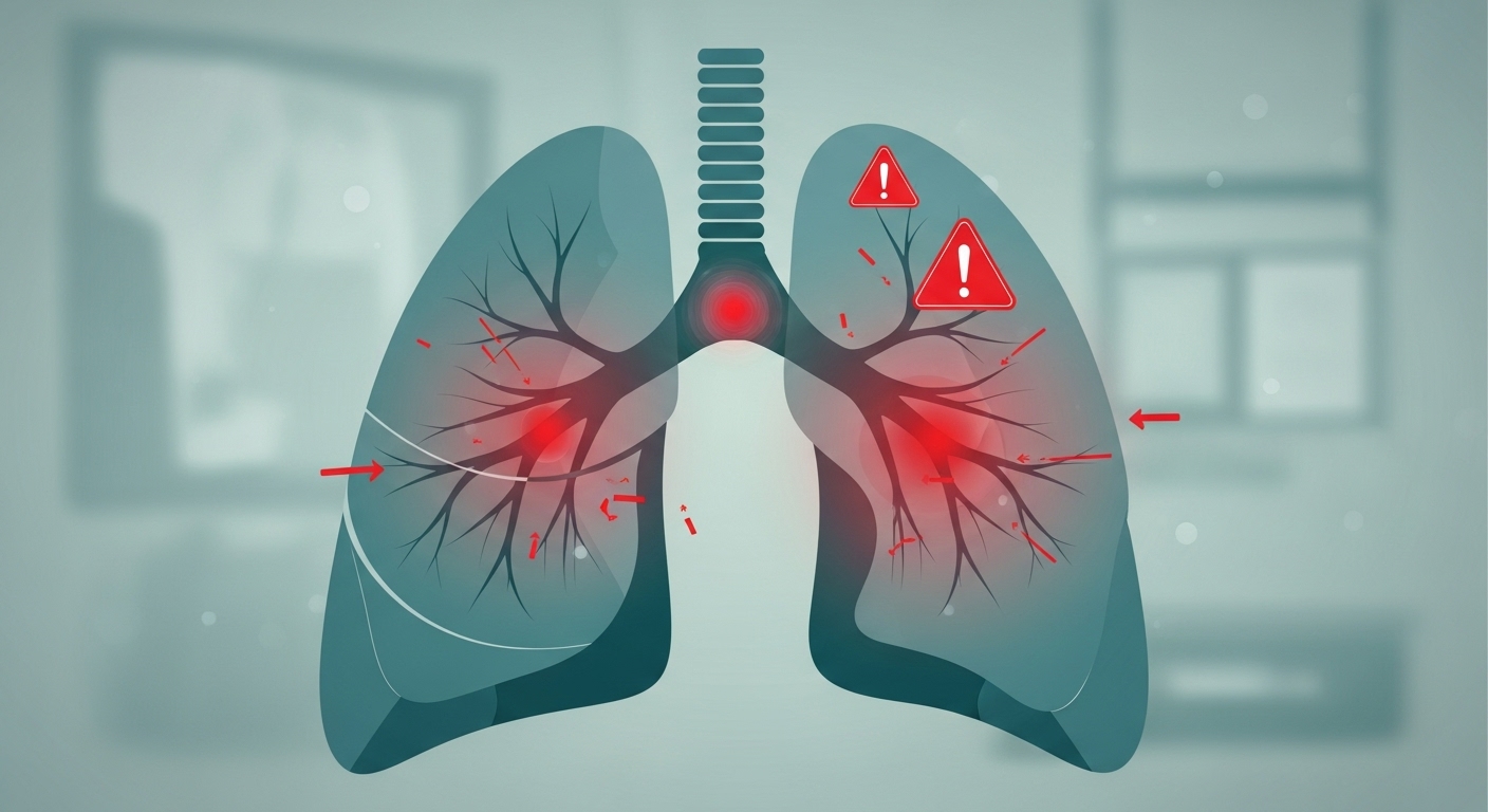 독감 합병증의 심각성을 나타내는 추상적인 이미지. 붉은색 경고 표시가 있는 기관지 모형으로, 폐렴 등 중증 합병증의 위험을 상징한다.