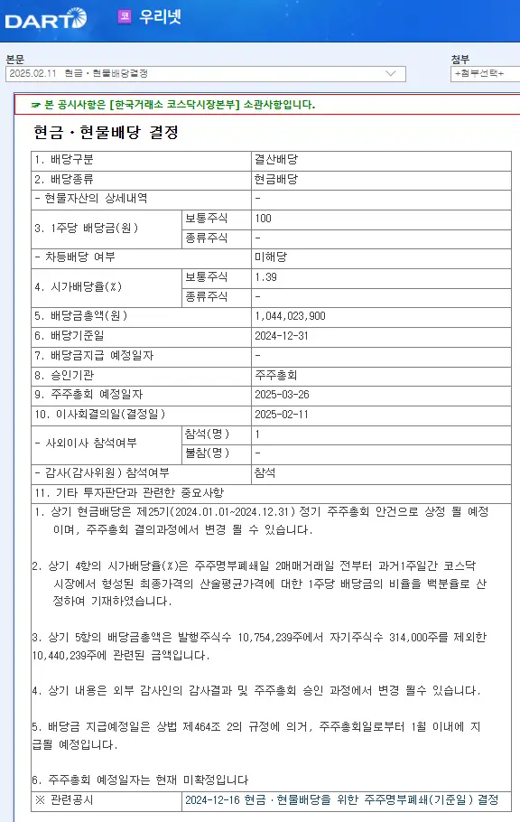 우리넷(115440) 2025년 배당금