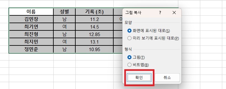 작은 그림 복사 설정창 보임