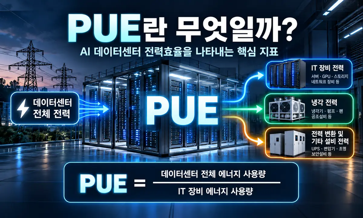 PUE와 AI 데이터센터 전력효율 개념을 설명한 인포그래픽