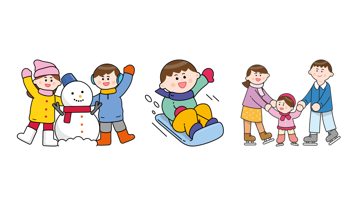아이들과 눈사람, 썰매아이, 부모와 스케이트 타는 모습