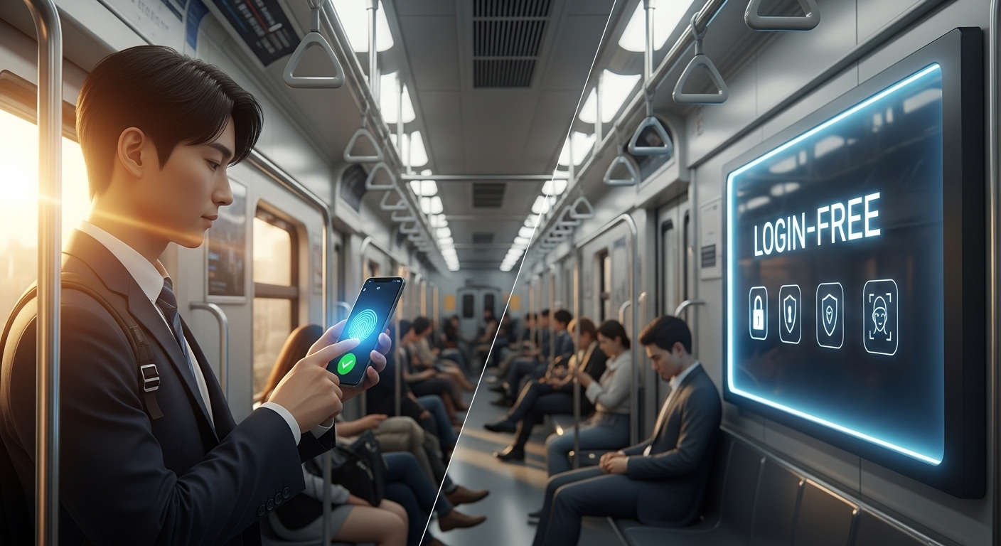 unlocking his smartphone using fingerprint recognition while commuting in a modern subway