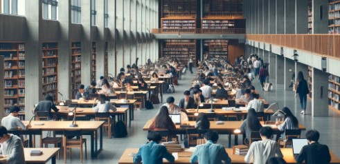 도서관에서 많은 사람들이 공부하는 모습