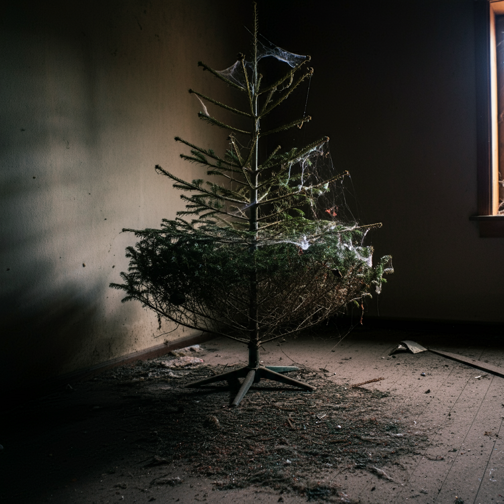 빛이 약하게 드리운 공간에서 먼지가 쌓이고 거미줄이 있는 오래된 크리스마스 트리