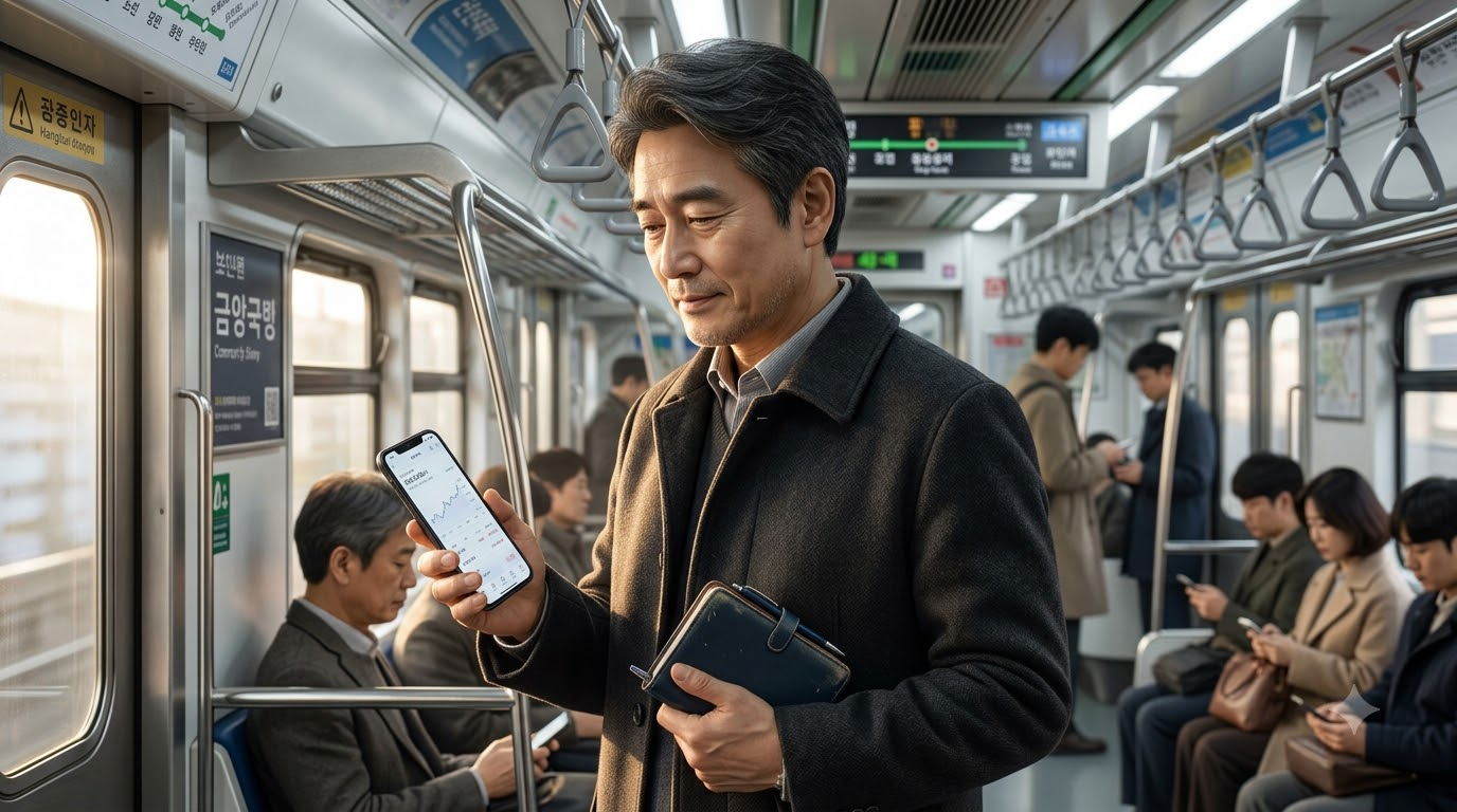 금요일 아침 출근길 지하철에서 휴대폰 속 계좌 화면을 조용히 보기만 하는 50대 남성, 손엔 탁상 달력 수첩