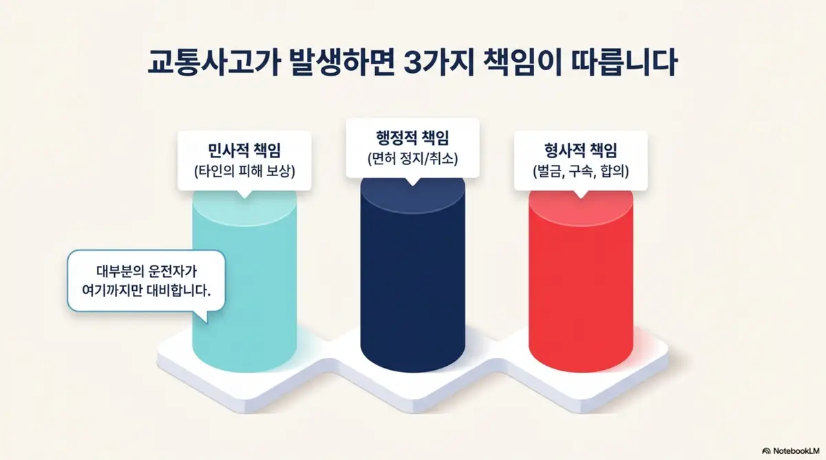 자동차보험 운전자보험 차이: 교통사고 발생 시 따르는 민사적 책임과 행정적 책임 및 형사적 책임 3가지를 색상별 기둥 인포그래픽으로 구분하여 보여주는 이미지. 대부분의 운전자가 민사적 책임까지만 대비한다는 점을 시각적으로 전달하며 자동차보험 운전자보험 차이의 출발점이 되는 책임 구조를 설명함