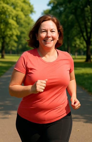 도심 공원에서 러닝을 하며 체중 감량을 목표로 운동하는 중년 여성 이미지
