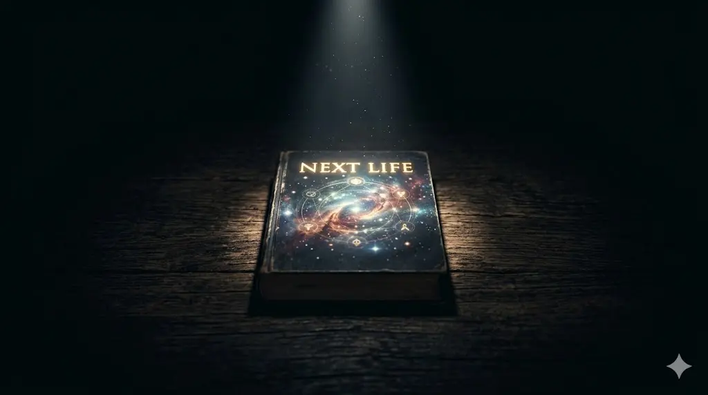 어두운 방 안에서 벽송 넥스트 라이프 책 한 권에만 핀 조명이 비추어져 있고, 표지의 우주적인 일러스트가 신비롭게 빛나는 철학적인 분위기의 사진