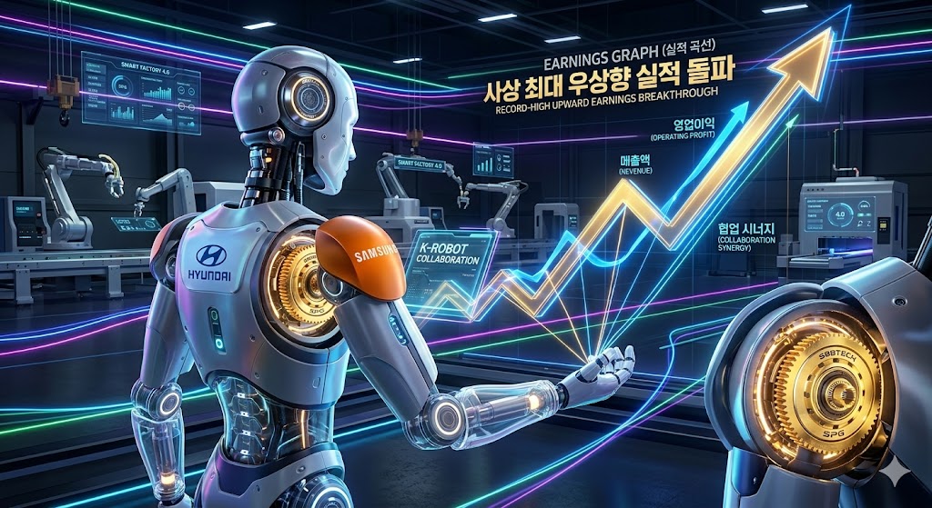 네온 레이저 빛이 흐르는 첨단 스마트 공장 내부를 배경으로, 삼성의 주황색 로고와 현대차의 파란색 로고가 선명하게 새겨진 차세대 인간형 로봇(휴머노이드)의 투명한 관절 속으로 대한민국 '에스비비테크'와 '에스피지'의 황금빛 초정밀 하모닉 감속기 부품이 유기적으로 탑재되며 사상 최대치의 우상향 실적 곡선(Earnings Graph)으로 연결되는 하이테크 3D 일러스트